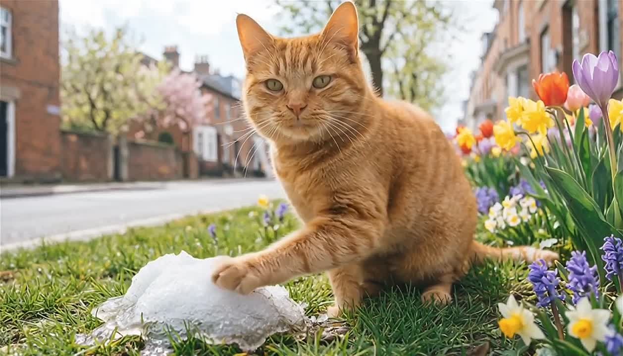 В Калуге рыжий кот помогает убирать оставшийся после зимы снег