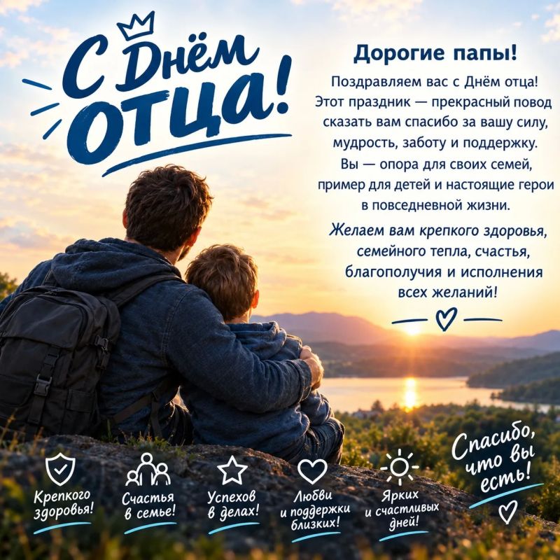 С Днём отца!. Сегодня хочется сказать самые тёплые слова всем папам — тем, кто каждый день дарит своим детям любовь, заботу, поддержку и чувство защищённости