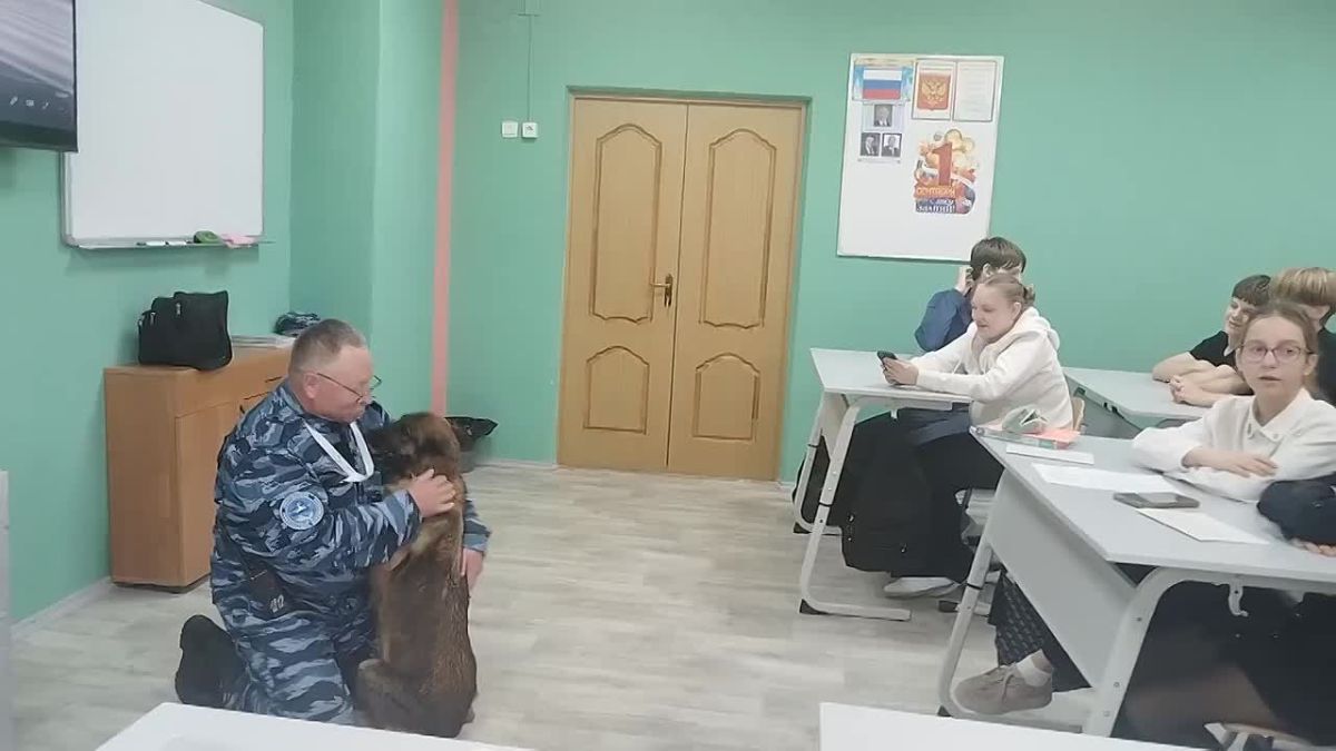 В калужской школе №45 прошел открытый урок, к ученикам пришли сотрудники аэропорта «Калуга» — в том числе кинолог со служебной собакой